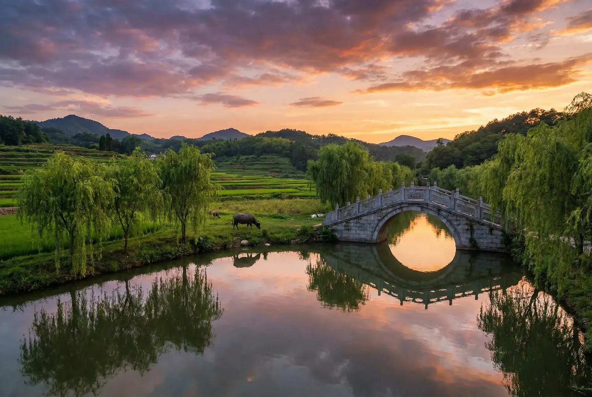 夕阳下的石拱桥与垂柳，水牛在河边吃草 - 三生三世十里桃花在线全集免费观看 乡村美景